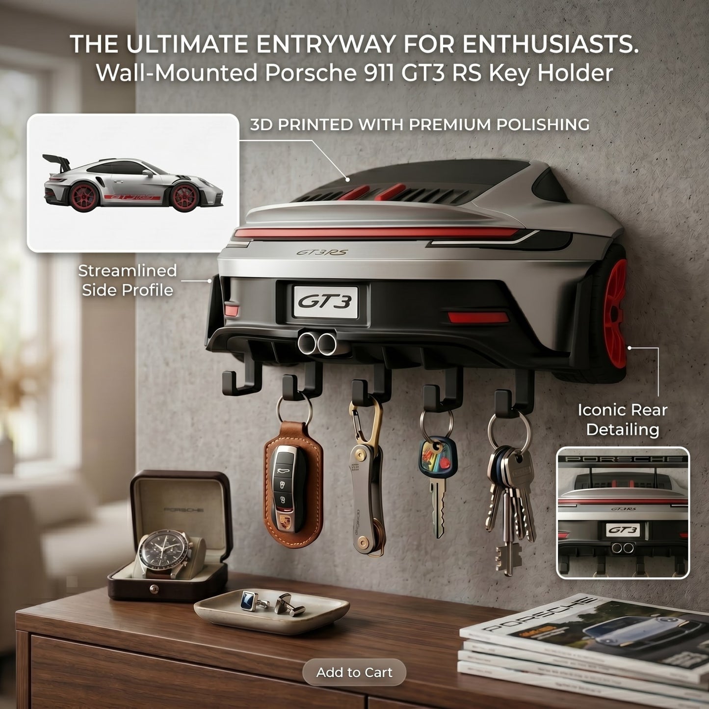 Porsche GT3 RS Wall Mounted Key Holder – 3D Printed Car Key Hanger